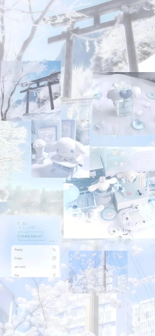 淡蓝白色调玉桂狗雪景拼贴，日式鸟居与冬日雪景元素融合