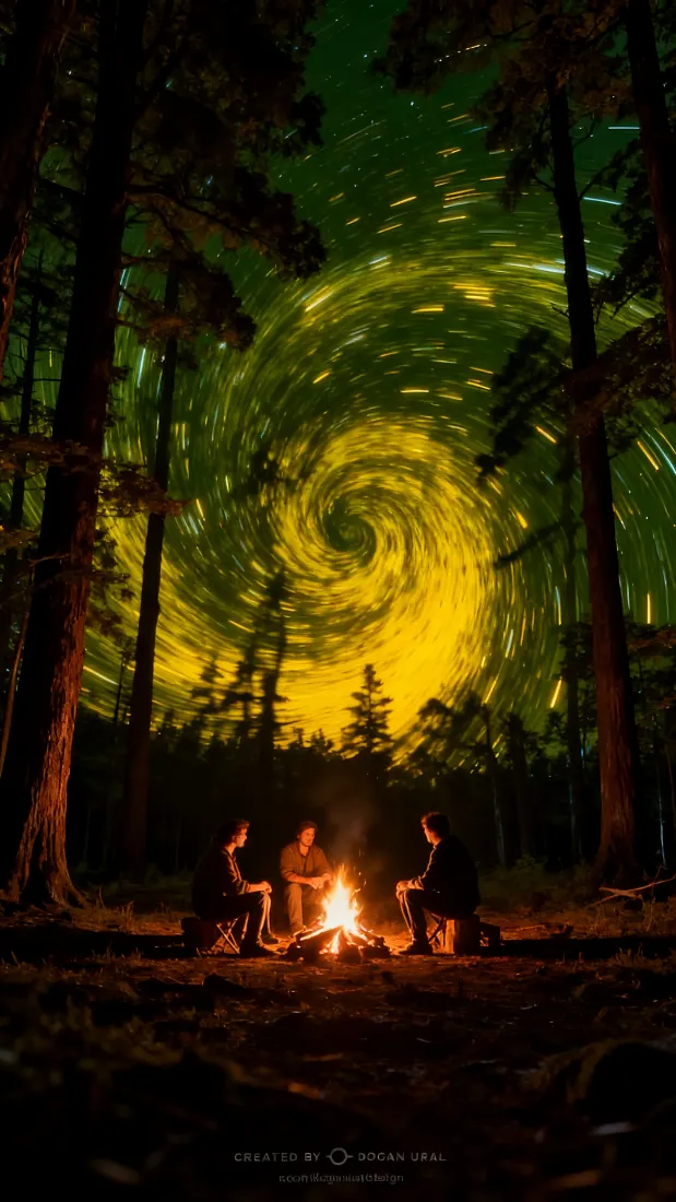 夜晚森林中三人围坐篝火，上方是黄绿交织的螺旋星轨。