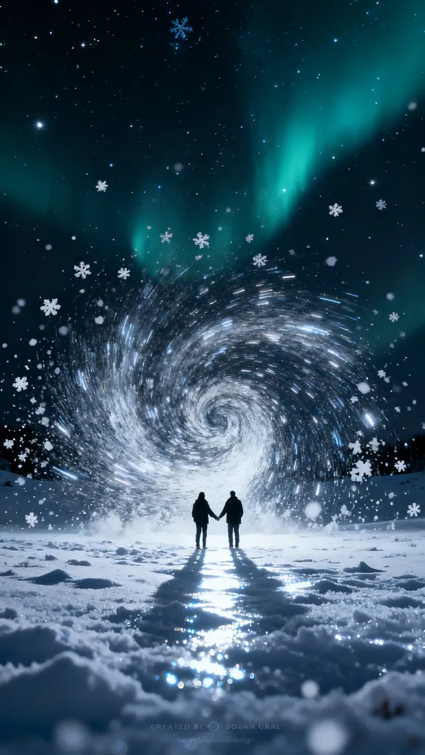 极光雪夜中，两人牵手立于雪地，面向发光的雪花漩涡。