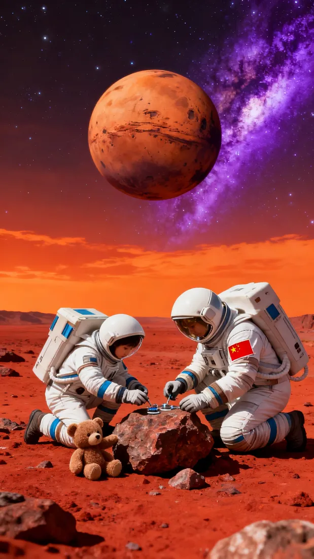 两名宇航员在红色外星地貌岩石旁操作，旁有泰迪熊，空中悬浮橙红星球与紫色星云