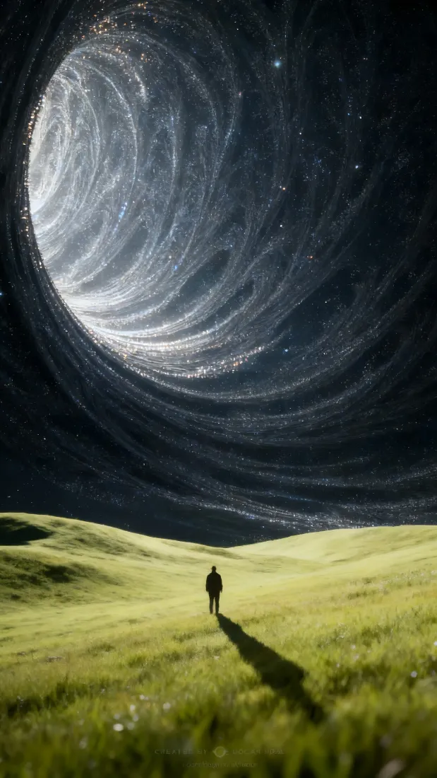 一人伫立在青绿草坡上，仰望夜空巨型螺旋星轨漩涡，氛围梦幻孤寂。