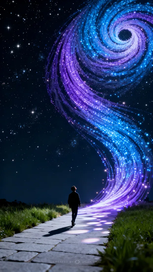 夜晚石板小径上的人物背影，望向蓝紫交织的螺旋星涡，两侧是草地。