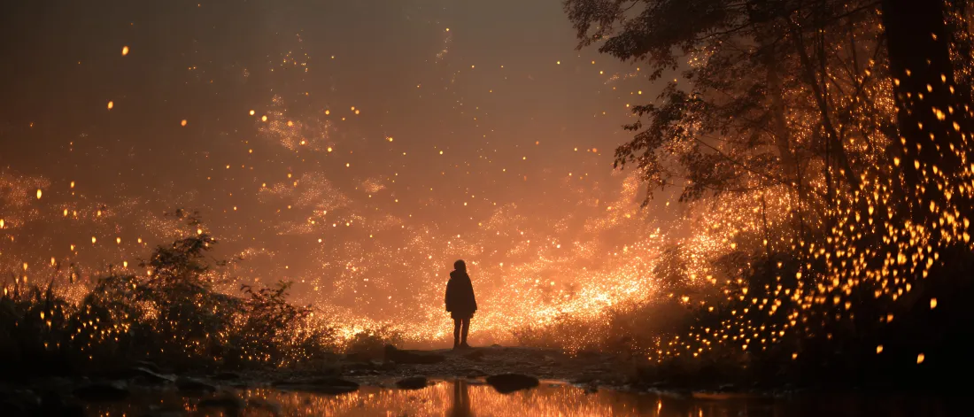 7k篝火人物剪影壁纸|森林夜景背景图片 - 奇幻火焰「哲风壁纸」 夜晚林间水畔,人物剪影伫立,暖橙色火光与光点弥漫,水面倒映暖光。