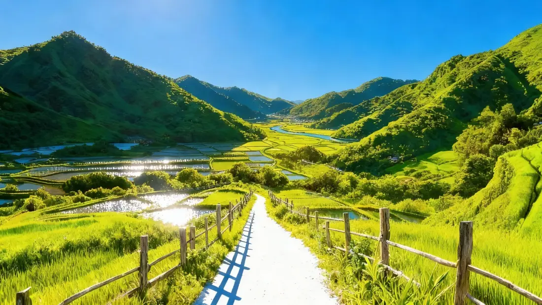 4k梯田壁纸 - 阳光 - 溪流 - 蓝天「哲风壁纸」