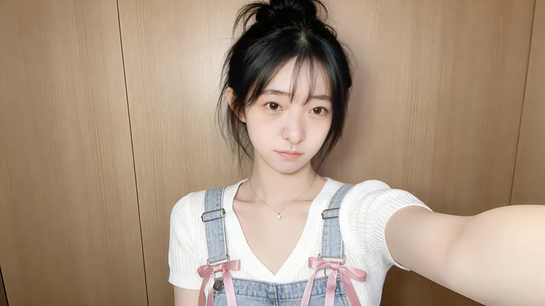 3k可爱美少女壁纸｜木质背景 - 自拍女生背带裤「哲风壁纸」