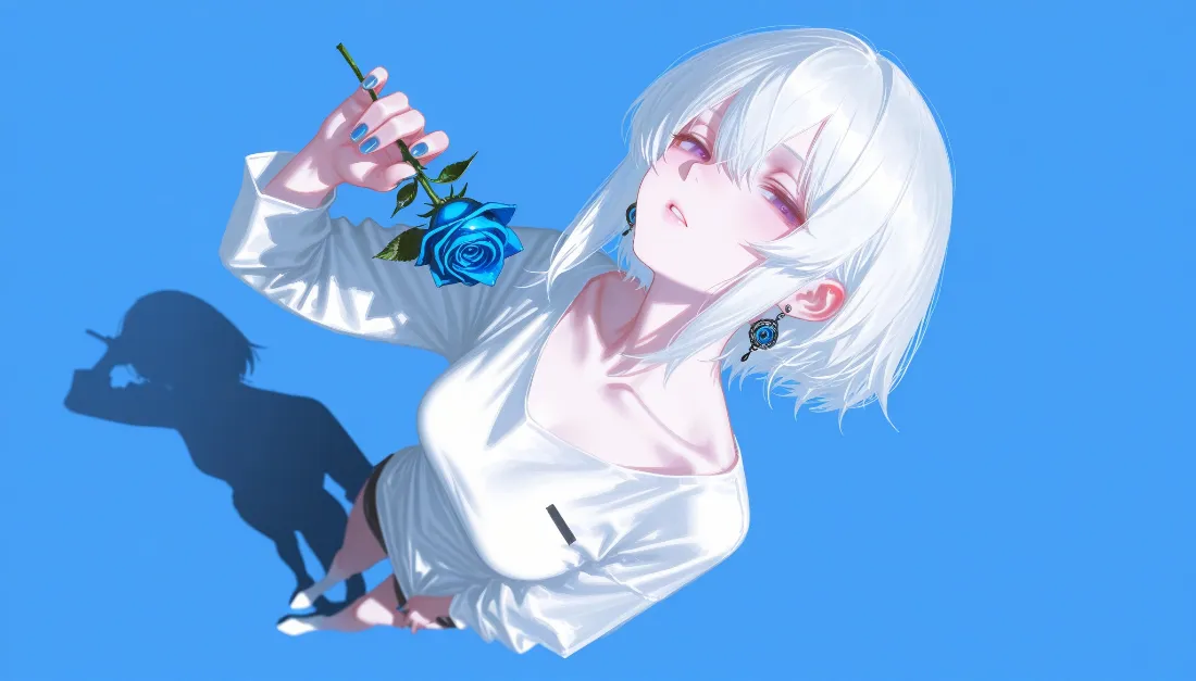 2k白发白衣动漫女孩壁纸｜蓝玫瑰背景图 - 蓝色「哲风壁纸」