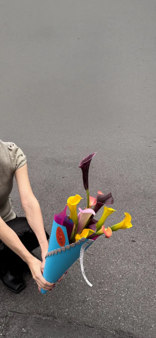彩色喇叭花手机壁纸｜道路背景 - 人物手持花束「哲风壁纸」
