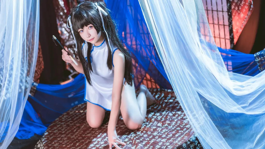 2k古风少女壁纸｜古风背景图 - 科幻旗袍蓝纱「哲风壁纸」