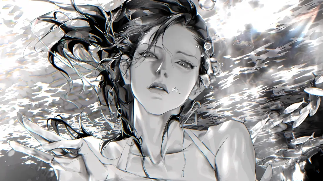 4k黑白动漫人物壁纸｜海浪拍打 - 水中女性插画「哲风壁纸」