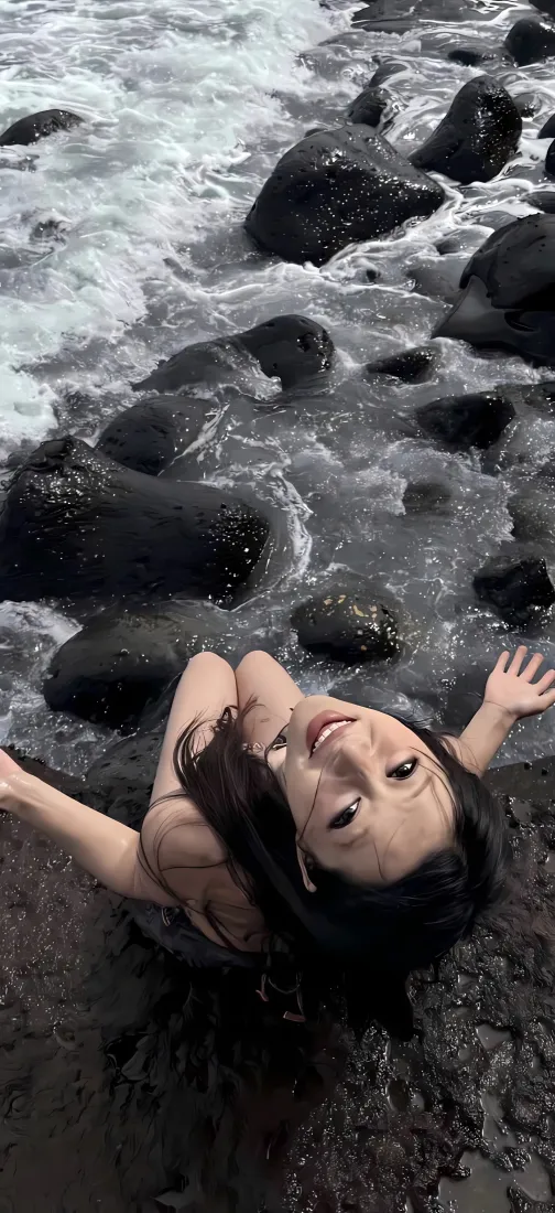 黑发美女手机壁纸｜海边礁石背景图片 - 海浪湿发躺卧「哲风壁纸」