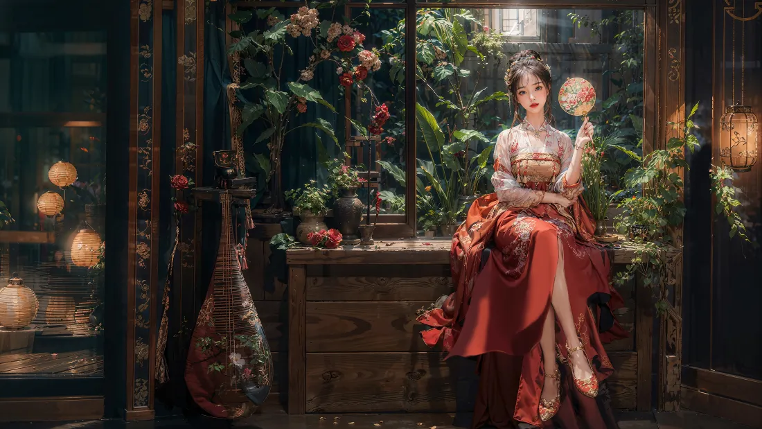4k红衣美女古风壁纸｜绿植庭院背景图片 - 团扇琵琶「哲风壁纸」