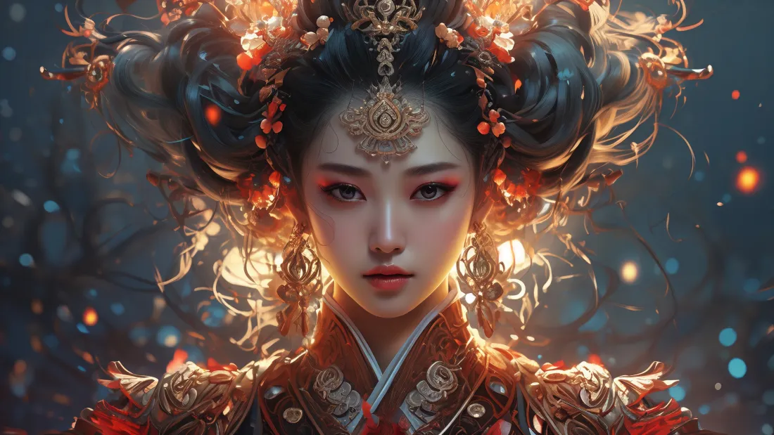 3k红衣古装美女壁纸｜古风艺术背景图片 - 华丽头饰「哲风壁纸」