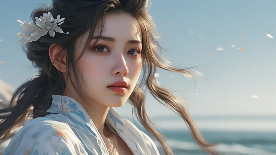 3k古装美女壁纸｜海边背景图 - AI古风美人「哲风壁纸」