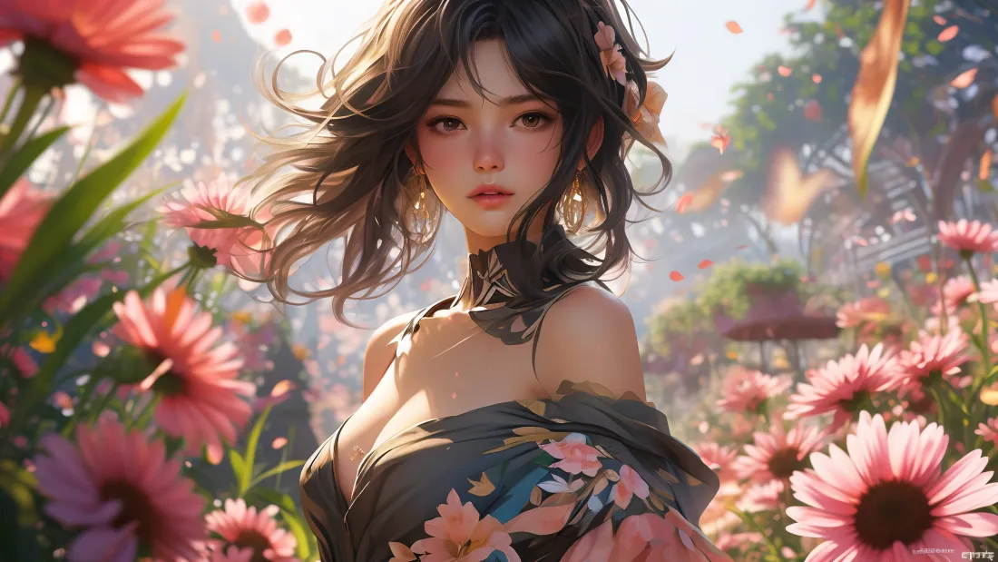 3k古装美女壁纸｜花海背景图片 - AI风格「哲风壁纸」