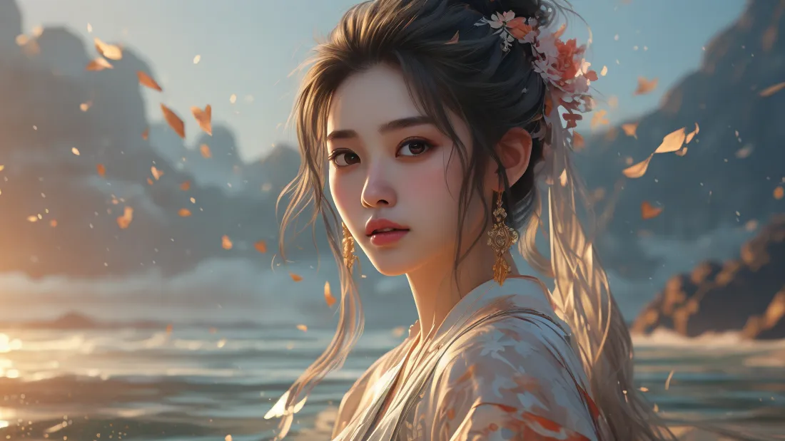 3k古风美女壁纸｜海景背景图片 - AI古装动漫「哲风壁纸」