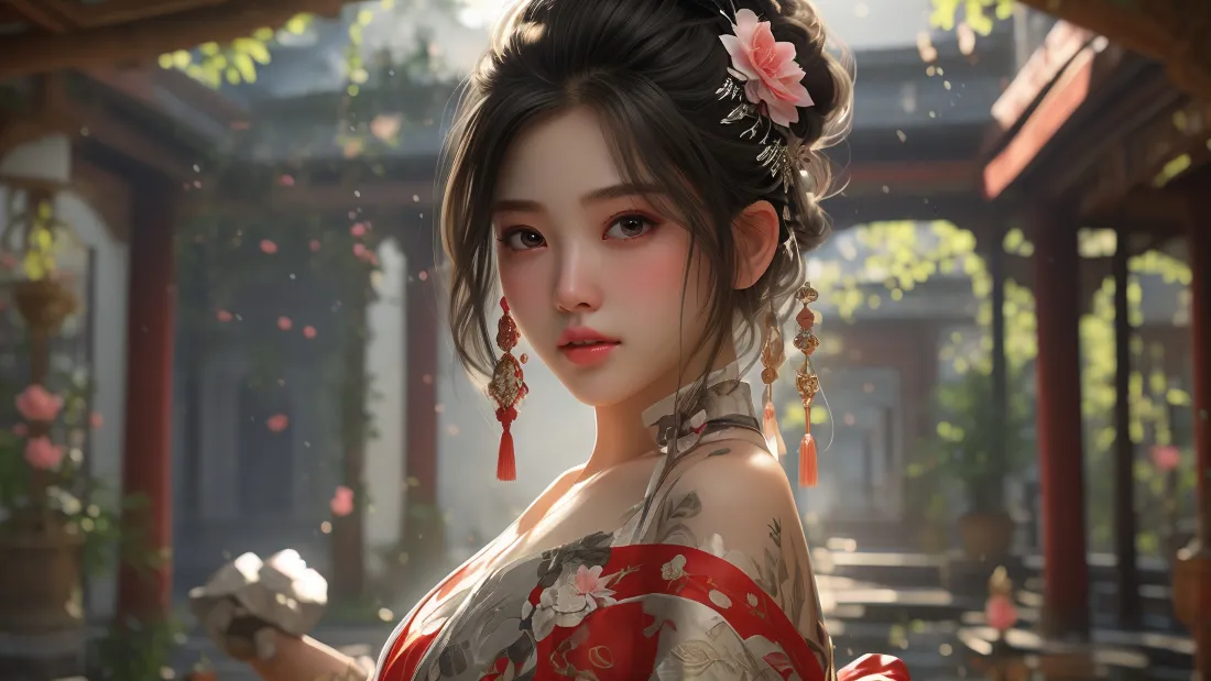 3kAI古装动漫壁纸|古风庭院背景 - 红衣古装美女「哲风壁纸」 3kAI古装动漫壁纸|古风庭院背景 - 红衣古装美女「哲风壁纸」