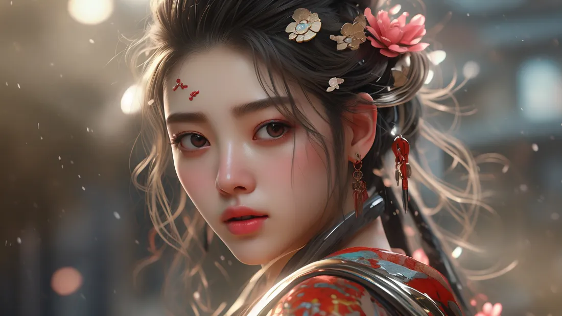 3k古风AI动漫壁纸｜古装背景图 - 红衣花钿美人「哲风壁纸」