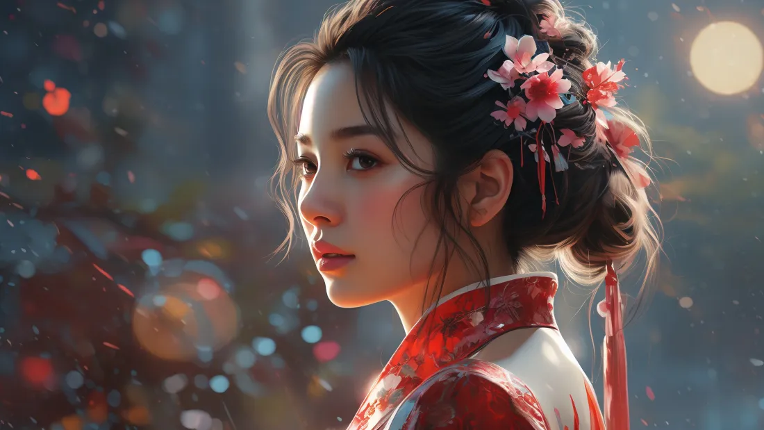 3k古风AI美女壁纸｜红色古装背景 - 粉色花饰「哲风壁纸」