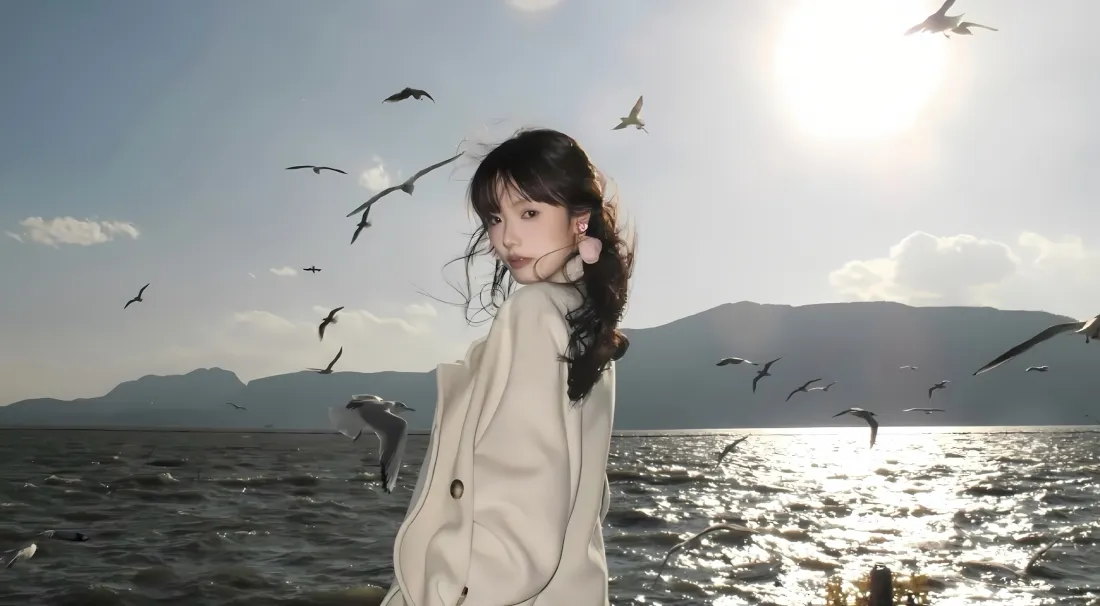 2k海边美女壁纸｜海鸥背景图片 - 阳光海水山脉「哲风壁纸」