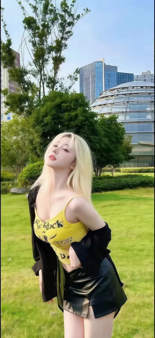 金发女子身着黄吊带黑皮裙，在草坪上摆拍，背景为都市建筑与绿植。