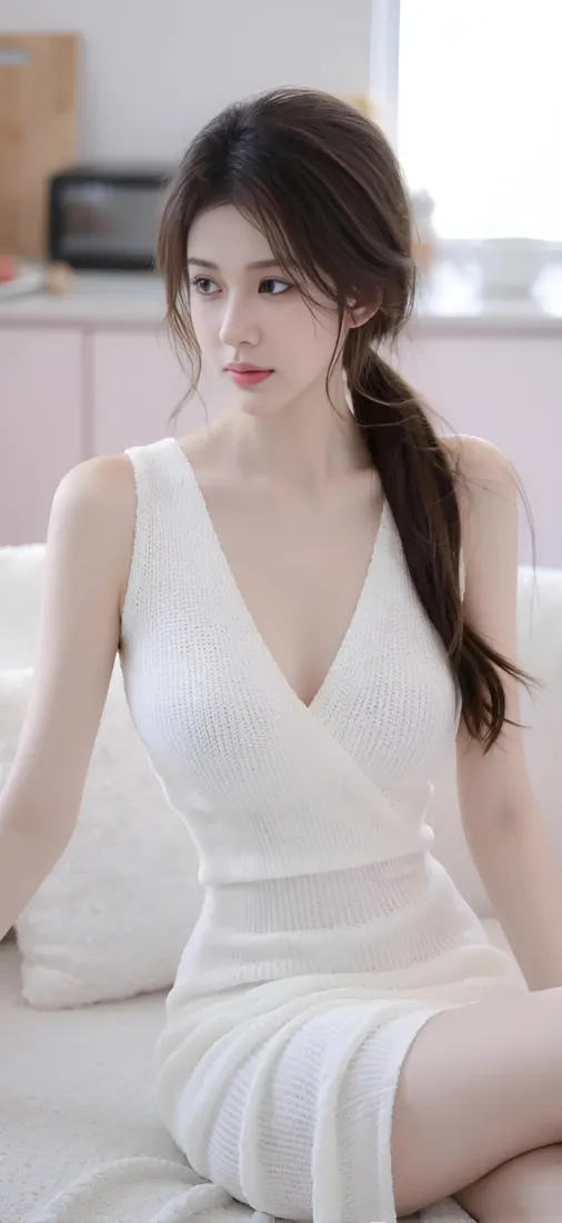 白衣美女手机壁纸｜室内背景图片 - 白色连衣裙「哲风壁纸」