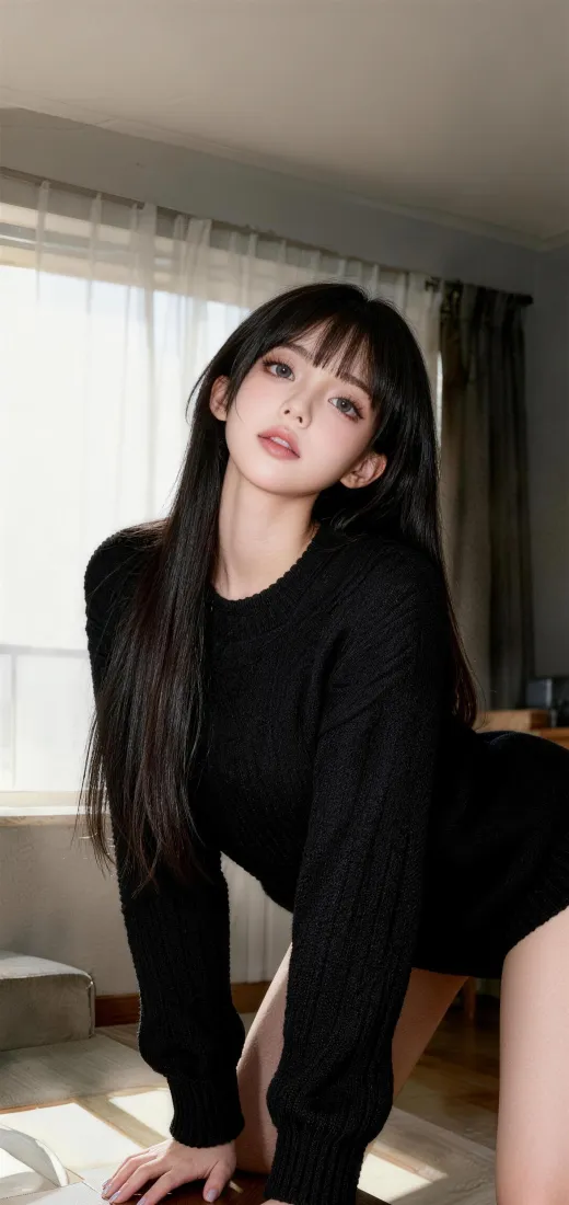 长发美女手机壁纸｜室内背景图片 - 黑色穿搭居家「哲风壁纸」
