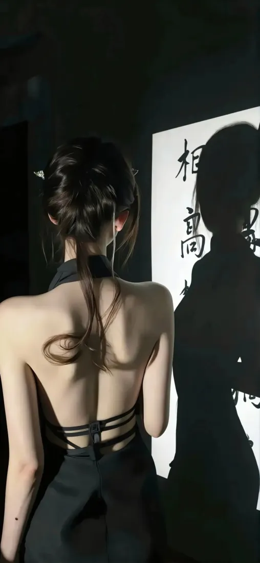 露背黑衣女子背对镜头，立于书法剪影背景前，氛围优雅性感。