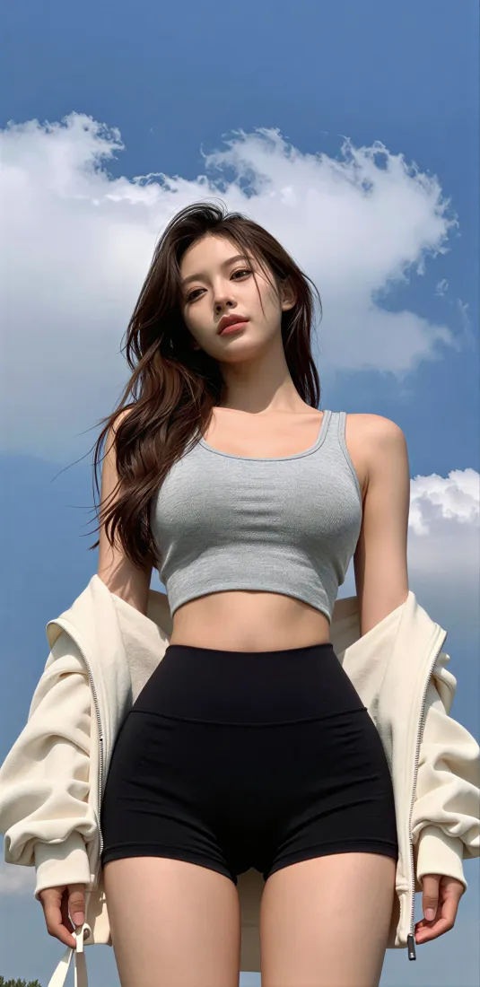美女手机壁纸｜蓝天背景图片 - 时尚休闲穿搭「哲风壁纸」