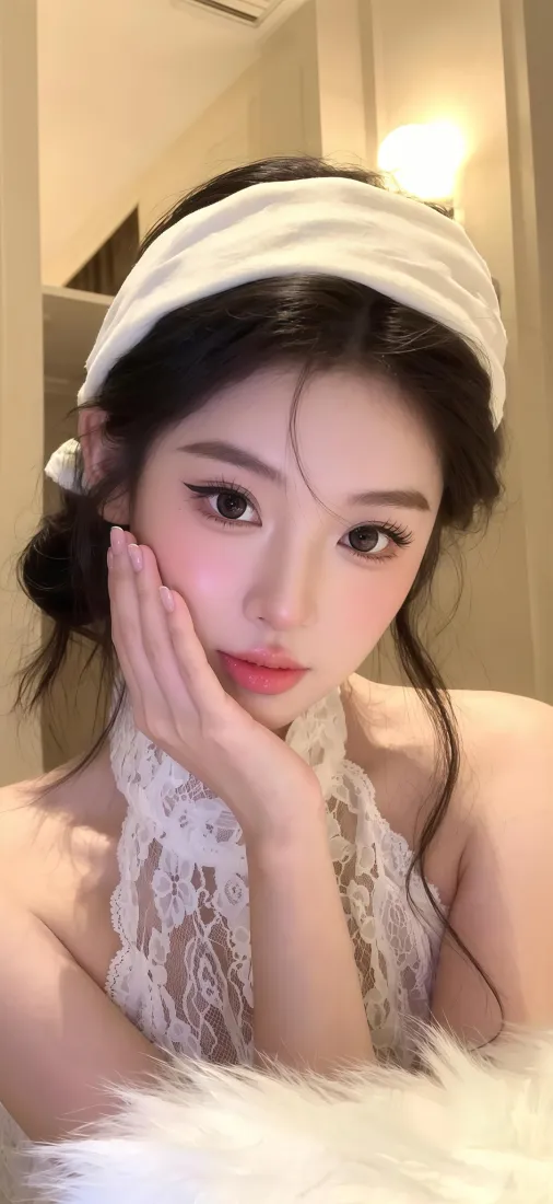 美女手机壁纸｜室内毛绒背景图片 - Ios 蕾丝发带「哲风壁纸」