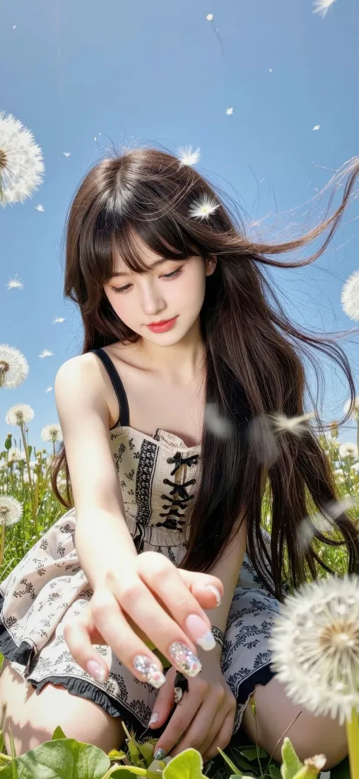 长发美女手机壁纸｜蒲公英花田背景 - 清新户外「哲风壁纸」