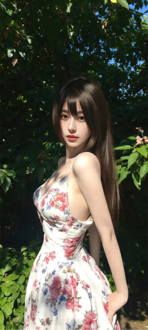 美女手机壁纸｜绿植背景图片 - 碎花连衣裙「哲风壁纸」