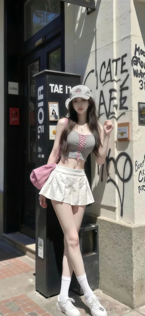街头涂鸦墙前，戴帽年轻女生穿灰粉吊带白百褶裙挎粉色包站立