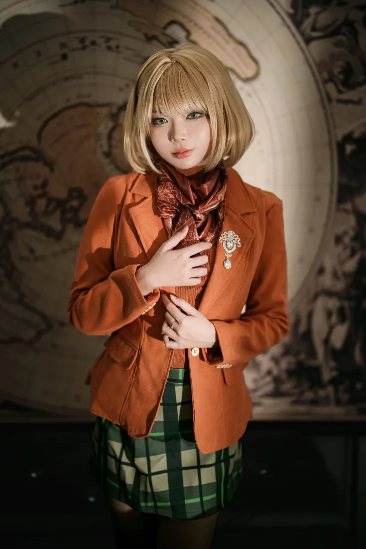 cosplay手机壁纸｜复古背景图片 - 格子裙子 橙色外套「哲风壁纸」