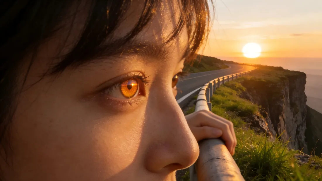 3k橙眼女孩壁纸｜夕阳公路背景图片 - 落日悬崖「哲风壁纸」