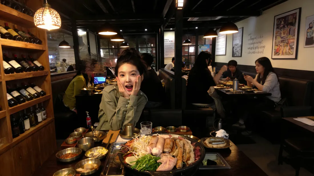 夜晚烧烤餐厅内，章若楠坐于摆满烤肉的餐桌前，双手捧脸表情俏皮。