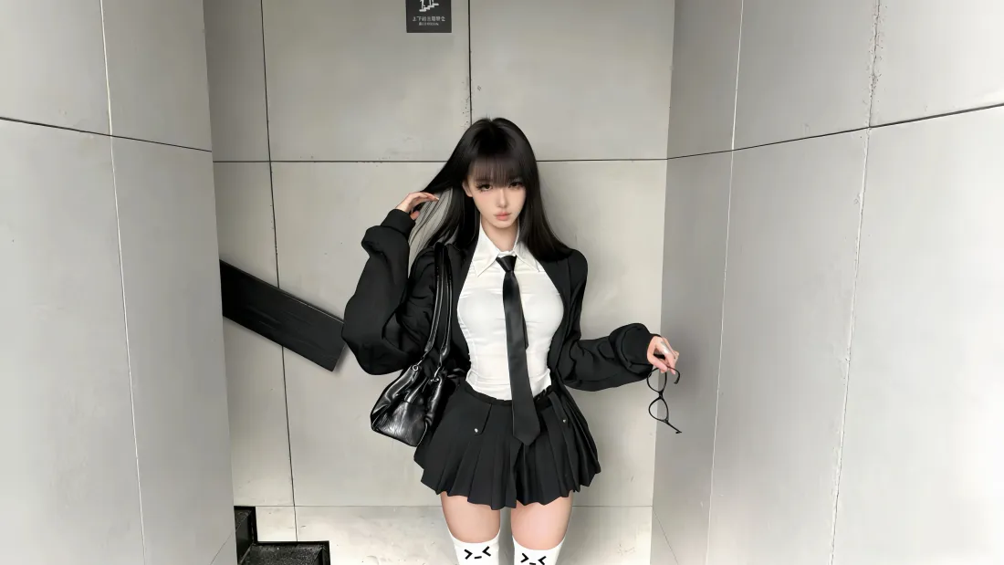 5k黑长直制服美女壁纸|灰背景图 - 时尚穿搭「哲风壁纸」 5k黑长直制服美女壁纸|灰背景图 - 时尚穿搭「哲风壁纸」