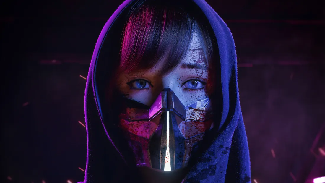 赛博朋克风格女性面部特写，戴科技面罩，紫蓝霓虹光影，暗调背景