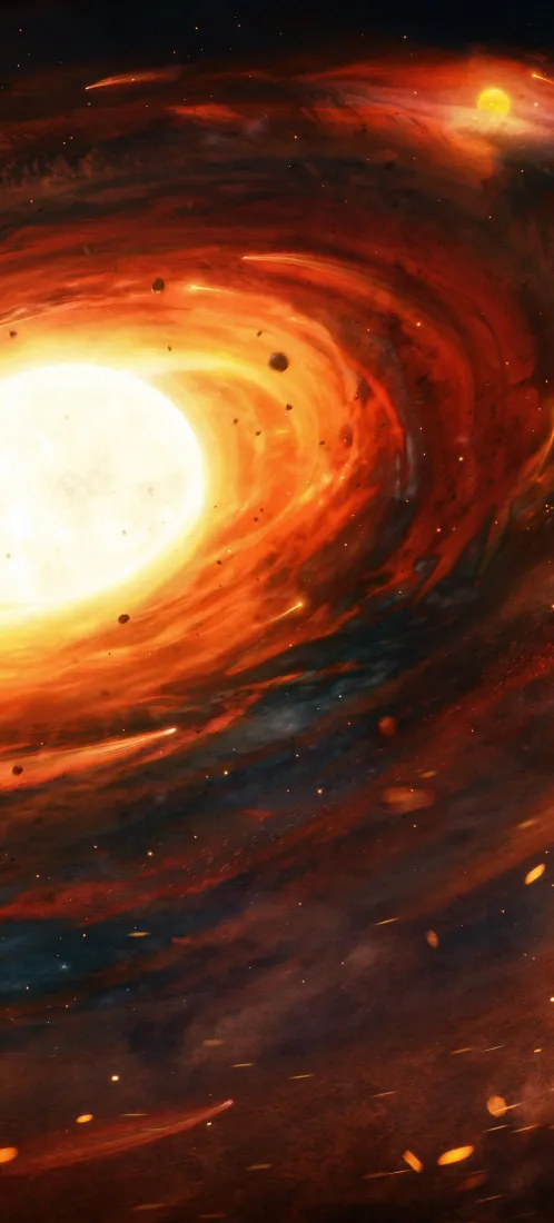 橙红色发光吸积盘环绕黑洞，深空背景散布星点与尘埃碎屑