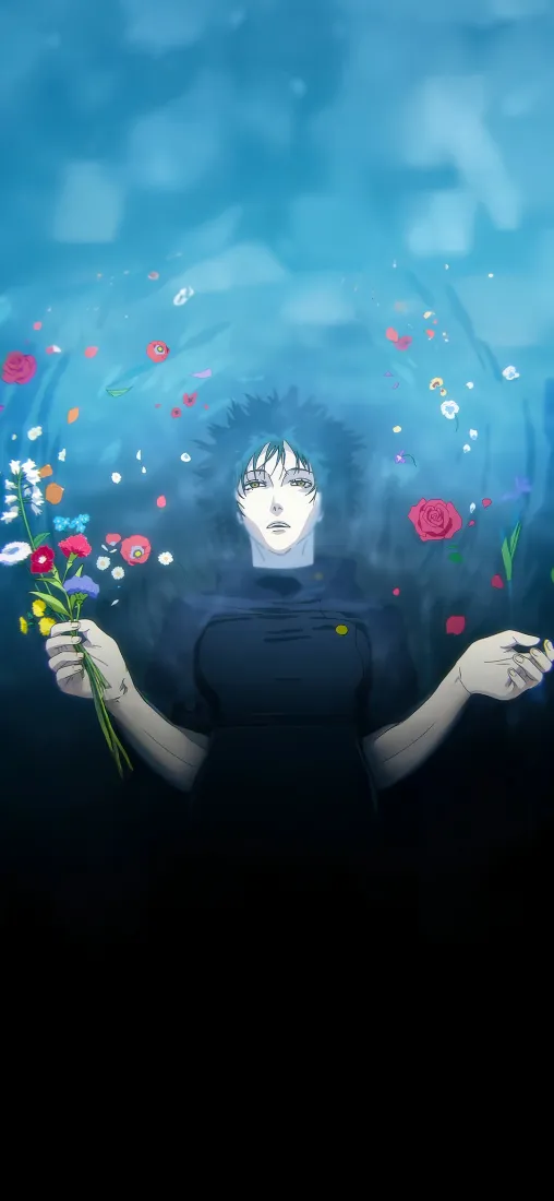 水下蓝调空间中，短发女性手持花束，周身漂浮各色花瓣与水泡。