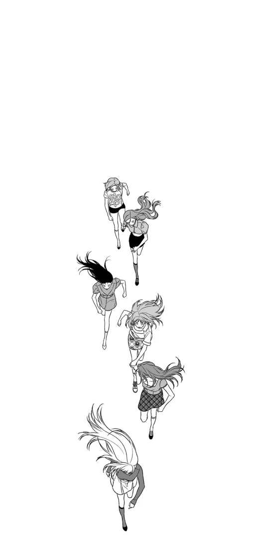 纯白背景上，六名少女呈纵向排列向前奔跑的黑白线稿插画。