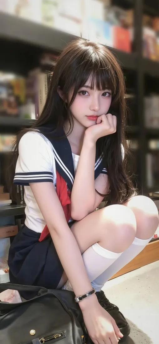 穿水手服的长发清纯女生蹲在书架前，手托脸颊看向镜头