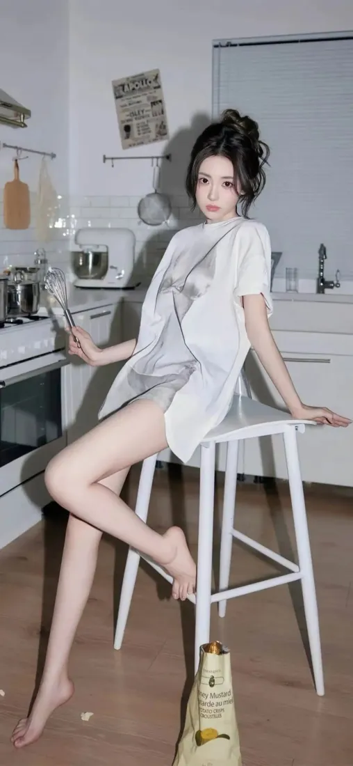丸子头白衬衫美女赤脚坐白色高脚凳，手持打蛋器，背景为居家厨房
