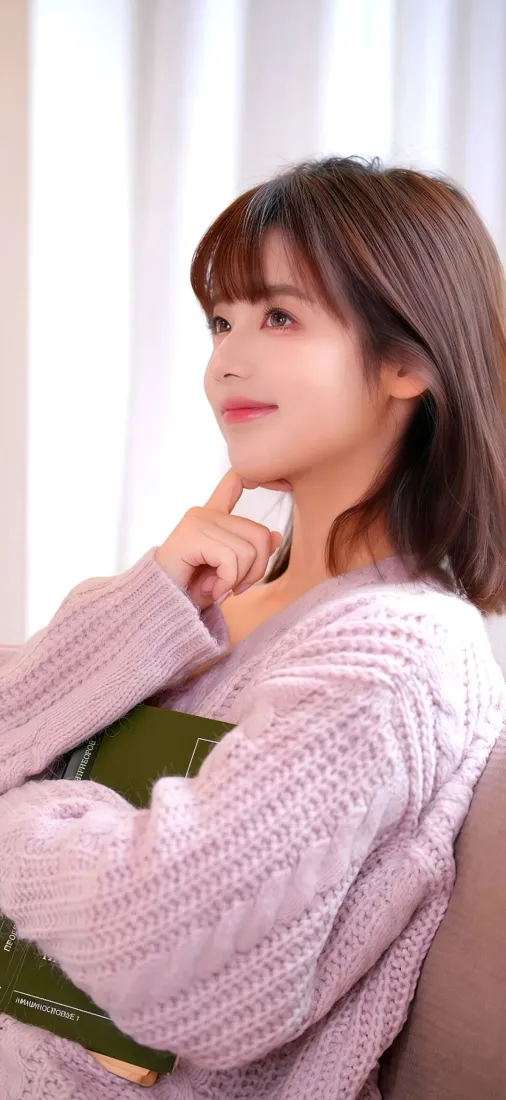 穿淡紫毛衣的短发少女手托下巴抱书，居家窗帘背景温柔甜美