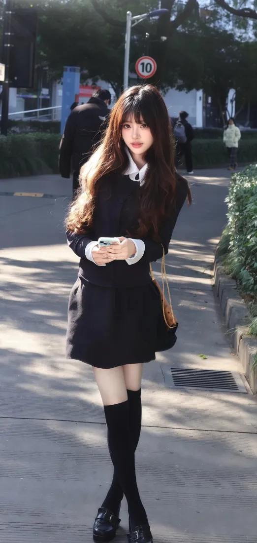 黑色制服美女手机壁纸|户外街道背景图片 - Ios专用「哲风壁纸」 黑色制服美女手机壁纸|户外街道背景图片 - Ios专用「哲风壁纸」