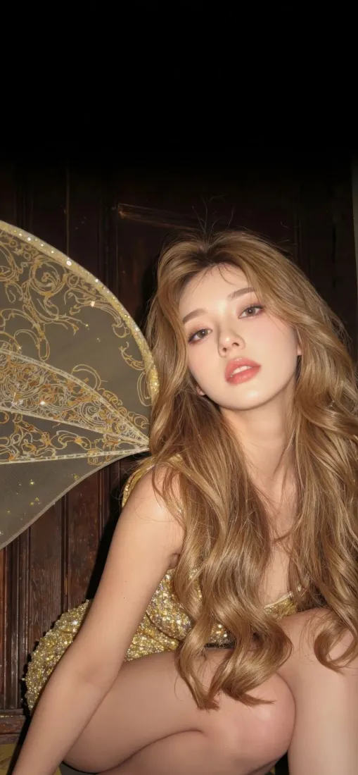 昏暗室内，金发卷发精灵装扮女子身着金色亮片裙，背后有金色蕾丝翅膀。