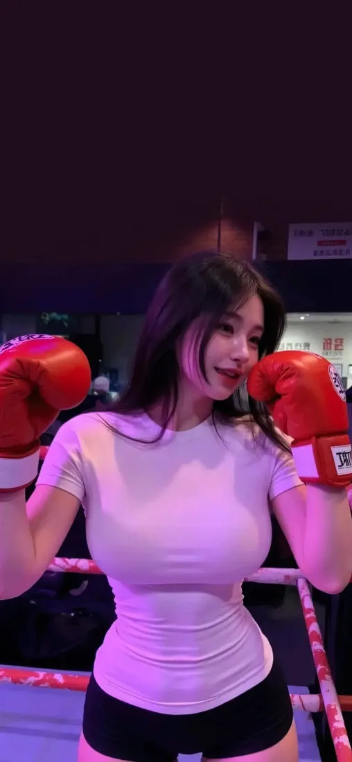 紫光灯下拳击台内，戴红色拳击手套的黑发紧身短袖美女。