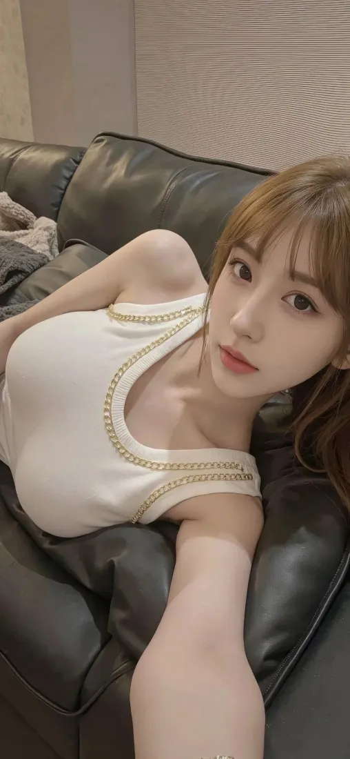棕发年轻女子穿镶金边白色背心，侧卧在深棕色皮沙发上自拍。