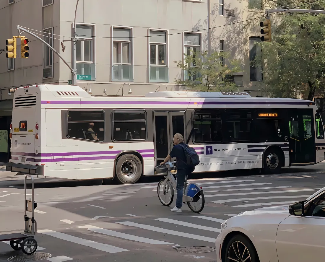 白昼城市十字路口，带紫纹的公交车停在斑马线旁，骑行者正骑车通行。