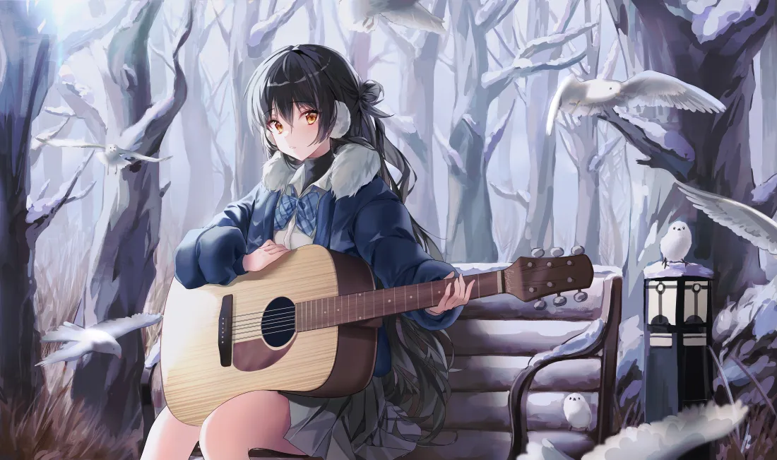 冬日雪林里，戴耳罩的黑发少女坐在长椅上弹奏木吉他，白鸟环绕飞舞。