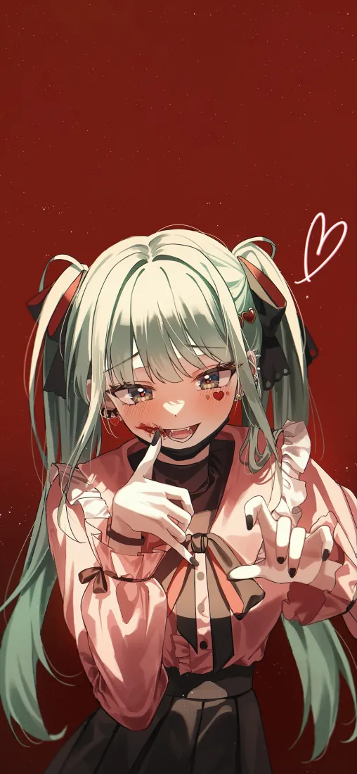 暗红色背景下，病娇感绿发双马尾初音未来，身着粉黑洛丽塔服饰，面带诡笑。